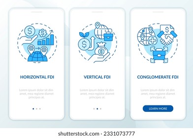 Blue thin line icons representing foreign direct investment mobile app screen set. 3 steps editable graphic instructions, UI, UX, GUI template.