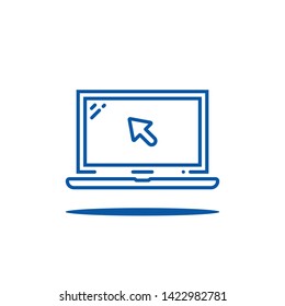 blue thin line laptop with cursor. flat linear modern stroke pc logotype graphic design web element isolated on white. concept of digital display with simple arrow and registration on the site
