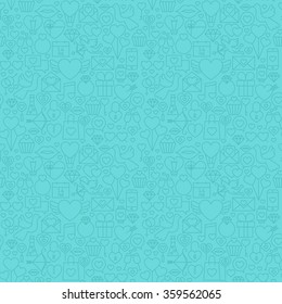 Blue Thin Line Valentine`s Day Seamless Pattern. Vector Website Design and Seamless Background in Trendy Modern Line Style. Love Wedding.