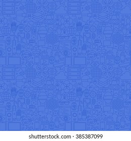 Blue Thin Line Virtual Reality Seamless Pattern. Vector Website Design and Seamless Background in Trendy Modern Outline Style. Augmented Reality Technology.