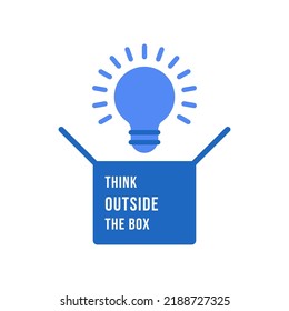 blue think outside the box with light bulb. flat cartoon trend modern simple easy motivation logotype design web element isolated on white. concept of outstanding invention or inspiration sign