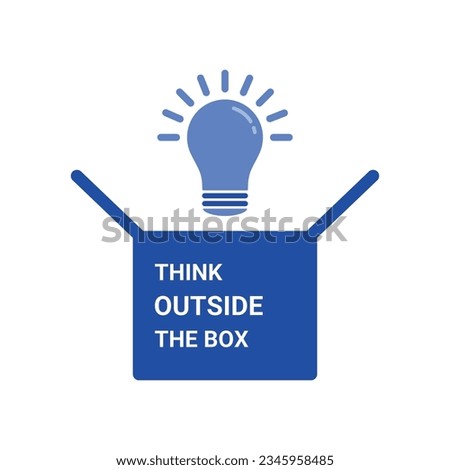 blue think outside the box with light bulb. flat cartoon trend modern simple easy motivation logotype design web element isolated on white. concept of outstanding invention or inspiration sign