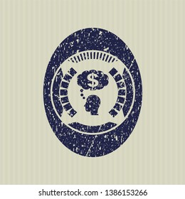Blue thinking in money icon inside distressed rubber grunge stamp