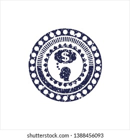 Blue thinking in money icon inside distress rubber stamp with grunge texture