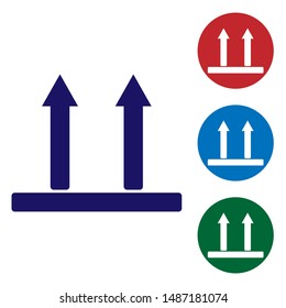Blue This side up icon isolated on white background. Two arrows indicating top side of packaging. Cargo handled so these arrows always point up. Set color icons in circle buttons. Vector Illustration