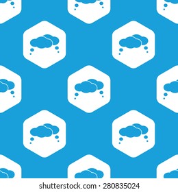 Blue thought bubble in white hexagon, repeated on blue