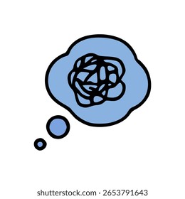 Ícone de nuvem de pensamento azul com rabisco emaranhado dentro, desenho à mão estilo cartoon no fundo branco para conceito mental