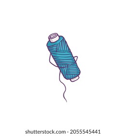 Blue thread coil for sewing and needlework. Embroidery joyful and relaxing hobby special equipment, cartoon vector illustration isolated white background