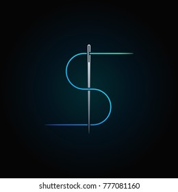 Blue thread and needle vector concept colorful icon or symbol on dark background