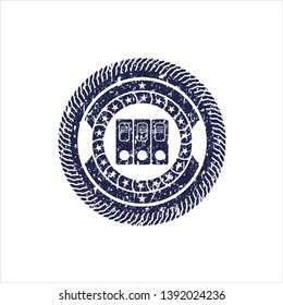 Blue three folders icon inside rubber stamp with grunge texture