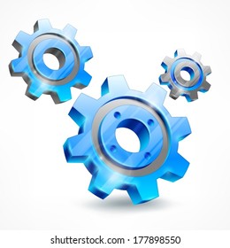 Blue three gears isolated on white, mechanical vector illustration