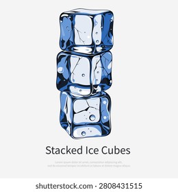Blue three ice cubes stacked together with glossy surface and bubbles. Isolated on white background. Vector illustration.