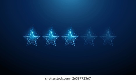 Blue three stars rating. Customer feedback, digital review, user satisfaction concept. Low poly style. Near-perfect rating, performance evaluation, audience response. Vector.
