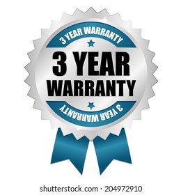 Blue three year warranty badge with ribbon on white background