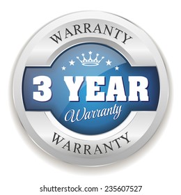 Blue three year warranty button with metal border on white background