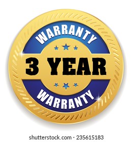 Blue three year warranty button with gold border on white background