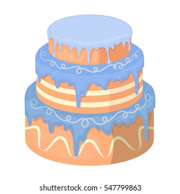 Blue three-ply cake icon in cartoon style isolated on white background. Cakes symbol stock vector illustration.