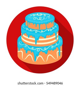 Blue three-ply cake icon in flat style isolated on white background. Cakes symbol stock vector illustration.