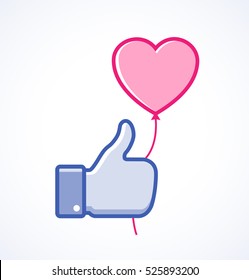 Blue thumb up icon with pink heart balloon, love vector illustration. 
Valentine's day card concept. Valentines day icon. Valentines day vector web icon.