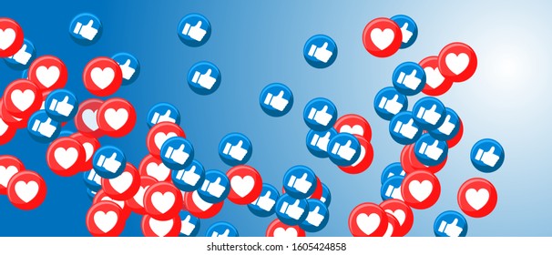 Blue thumb up like and red heart web buttons on vector background.