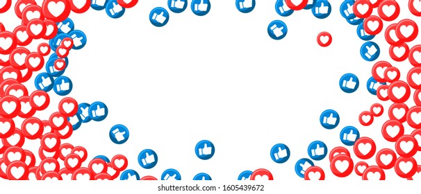 Blue thumb up like and red heart web buttons on white vector background.