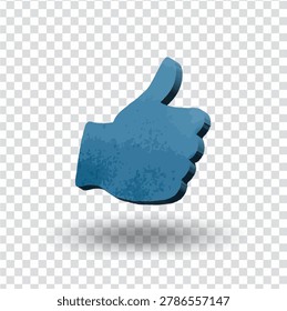 Blue thumbs up icon in glossy 3D illustration style isolated on transparent background. Perfect for social media reactions, approval, feedback, and positive rating concepts.