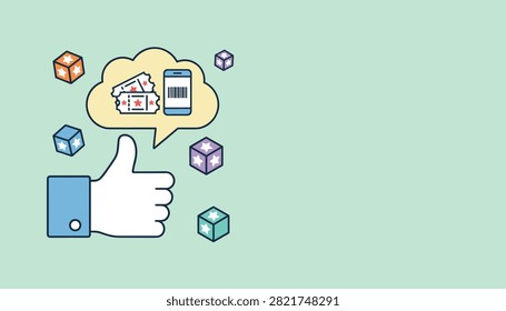 Blue thumbs up icon with speech bubble displaying cinema tickets on a mobile screen over light green background.