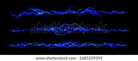 Blue thunder bolt electric waves with glowing energy streams for game effects or sci fi design. Horizontal lightning strikes and plasma discharge patterns. Dynamic power visualization assets.