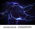 Blue thunder bolt light and electric energy discharge in form of circle on black background. Realistic 3d vector illustration round frame from storm lightning power effect. Thunderbolt strike border.