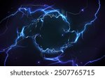 Blue thunder bolt light and electric energy discharge in form of circle on black background. Realistic 3d vector illustration round frame from storm lightning power effect. Thunderbolt strike border.