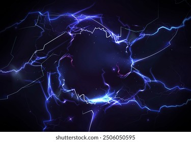 Luz azul del rayo y descarga de energía eléctrica en forma de círculo sobre fondo negro. Marco redondo realista de la Ilustración vectorial 3D del efecto del poder del relámpago de la tormenta. Frontera de impacto de rayo.