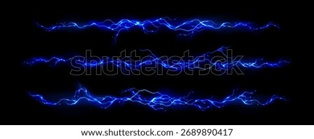 Blue thunder bolt patterns with electric energy waves on black background - horizontal lightning streaks for dynamic visual effects. Bright electrical discharge elements for storm themed designs.