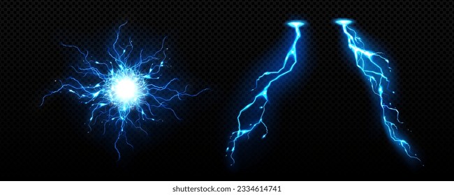 Blue thunder energy light and electric circle magic vector illustration. 3d realistic plasma sphere and power explosion. Neon isolated thunderstorm crack discharge. Flash burst with glow