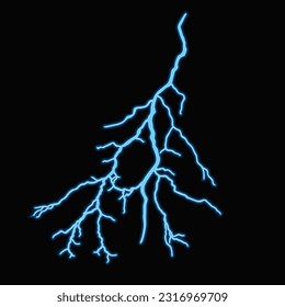 Blue thunderstorm isolated on black background. Lighting in bright effects, Electric charge, stormy spark. Blue thunderstorm. Design element vector illustration