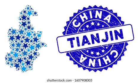 Blue Tianjin City map mosaic of stars, and textured rounded seal. Abstract geographic scheme in blue color tinges. Vector Tianjin City map is composed of blue stars.