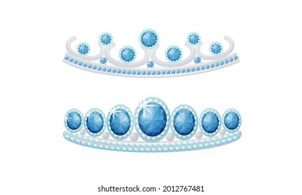 Blue Tiara or Diadem as Jeweled Ornamental Crown Vector Set