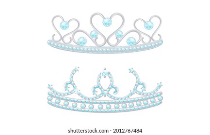 Blue Tiara or Diadem as Jeweled Ornamental Crown Vector Set