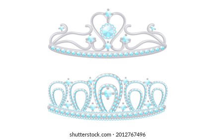 Blue Tiara or Diadem as Jeweled Ornamental Crown Vector Set