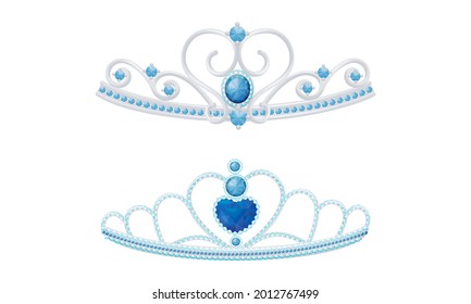 Blue Tiara or Diadem as Jeweled Ornamental Crown Vector Set