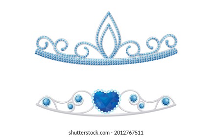 Blue Tiara or Diadem as Jeweled Ornamental Crown Vector Set