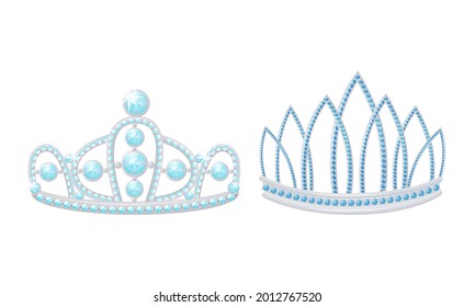 Blue Tiara or Diadem as Jeweled Ornamental Crown Vector Set