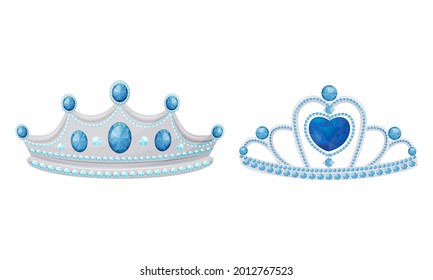 Blue Tiara or Diadem as Jeweled Ornamental Crown Vector Set