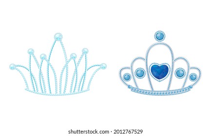 Blue Tiara or Diadem as Jeweled Ornamental Crown Vector Set