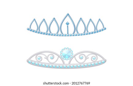 Blue Tiara or Diadem as Jeweled Ornamental Crown Vector Set