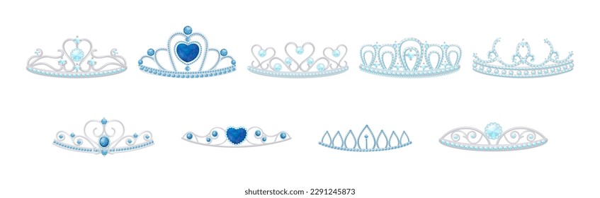 Blue Tiara or Diadem as Jeweled Ornamental Crown Vector Set