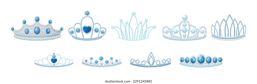 Blue Tiara or Diadem as Jeweled Ornamental Crown Vector Set