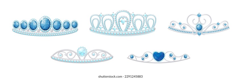 Blue Tiara or Diadem as Jeweled Ornamental Crown Vector Set