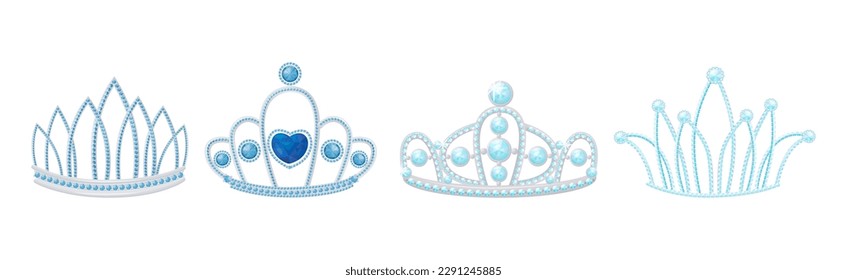 Blue Tiara or Diadem as Jeweled Ornamental Crown Vector Set