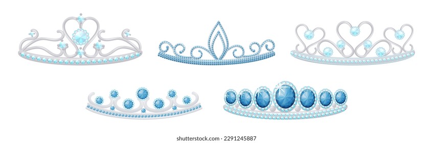 Blue Tiara or Diadem as Jeweled Ornamental Crown Vector Set