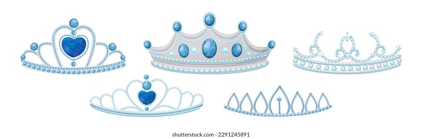 Blue Tiara or Diadem as Jeweled Ornamental Crown Vector Set